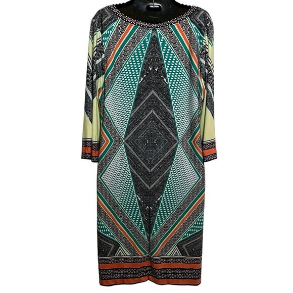 Calvin Klein Dress Large Stretch Knit Geometric Shift Black Green Orange Mod 60s - Picture 5 of 7